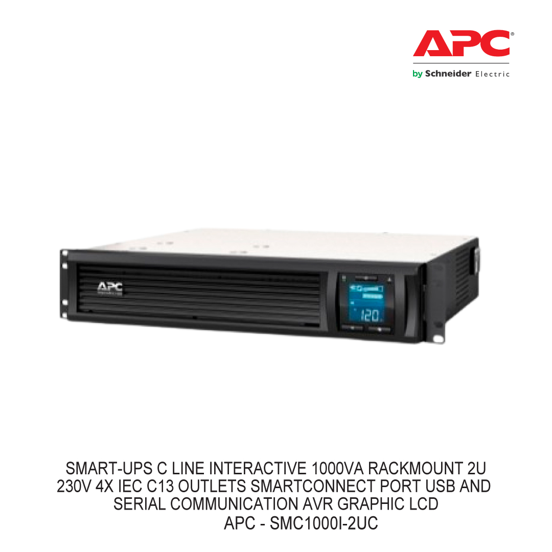 APC SMART-UPS C LINE INTERACTIVE 1000VA RACKMOUNT 2U 230V 4X IEC C13 OUTLETS SMARTCONNECT PORT USB AND SERIAL COMMUNICATION AVR GRAPHIC LCD
