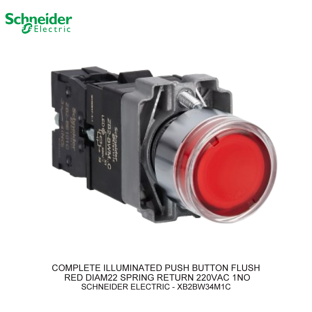 COMPLETE ILLUMINATED PUSH BUTTON FLUSH RED DIAM22 SPRING RETURN 220VAC 1NO