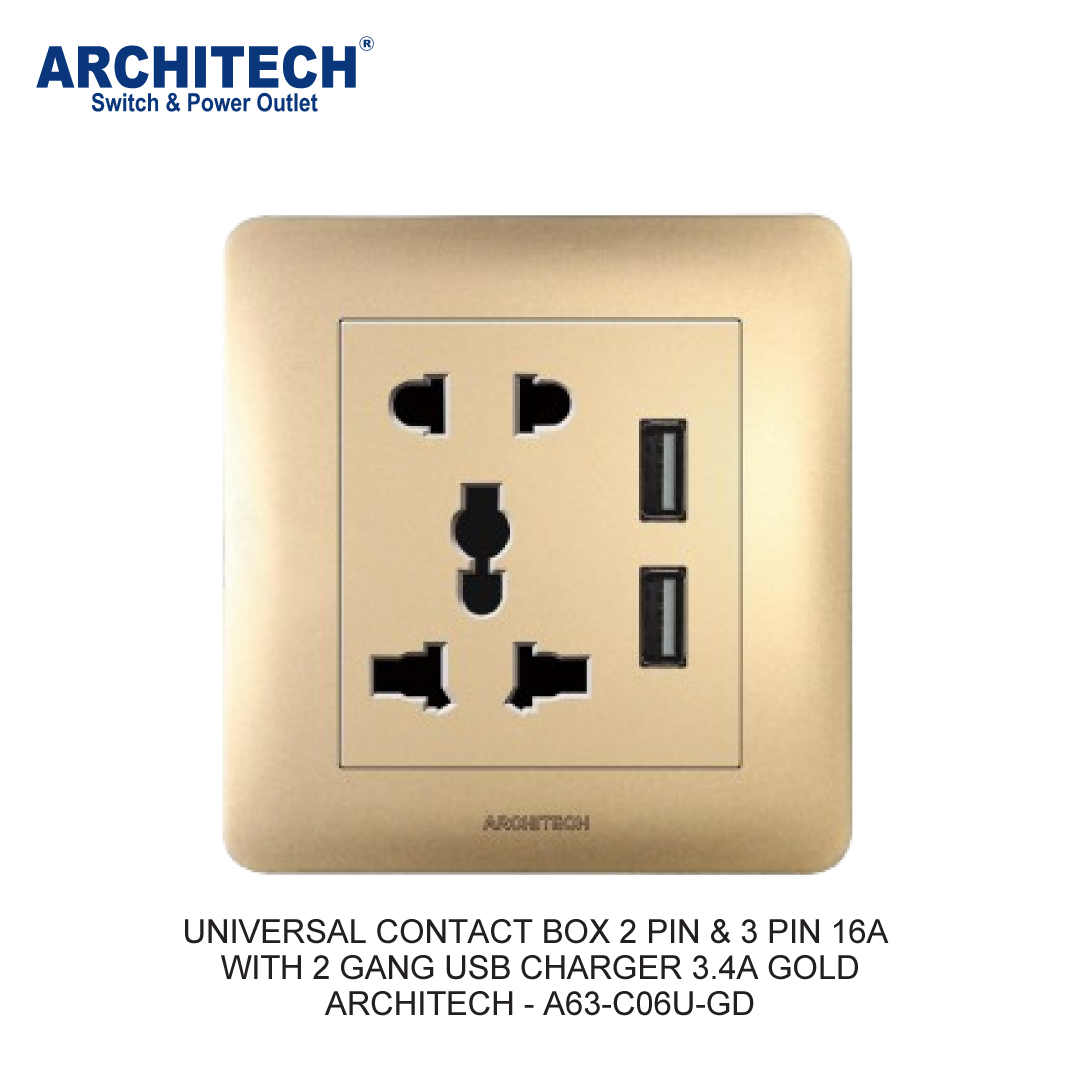KOTAK KONTAK UNIVERSAL 2 PIN & 3 PIN 16A DENGAN 2 GANG USB CHARGER 3.4A EMAS