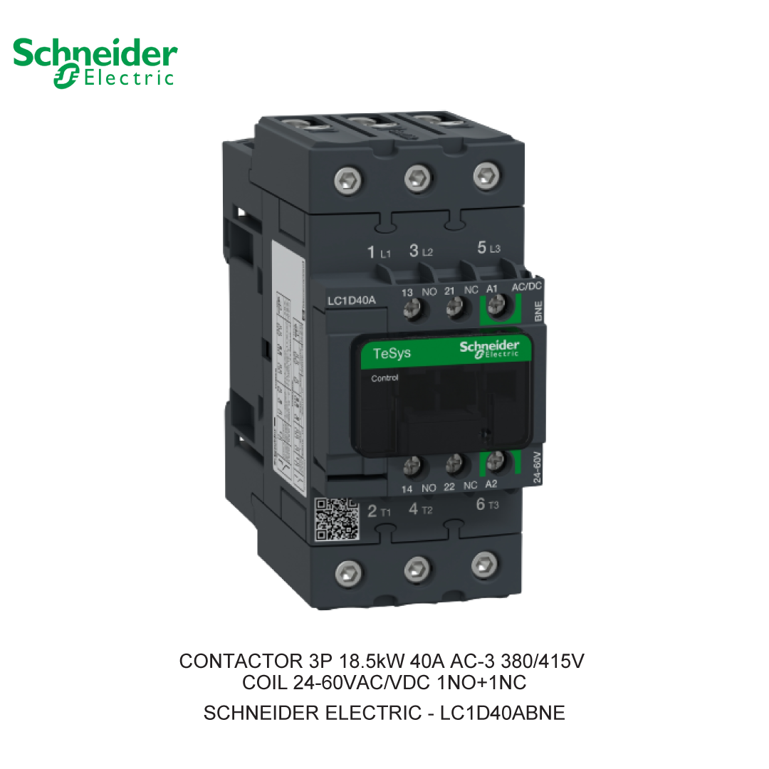 CONTACTOR 3P 18.5kW 40A AC-3 380/415V COIL 24-60VAC/VDC 1NO+1NC
