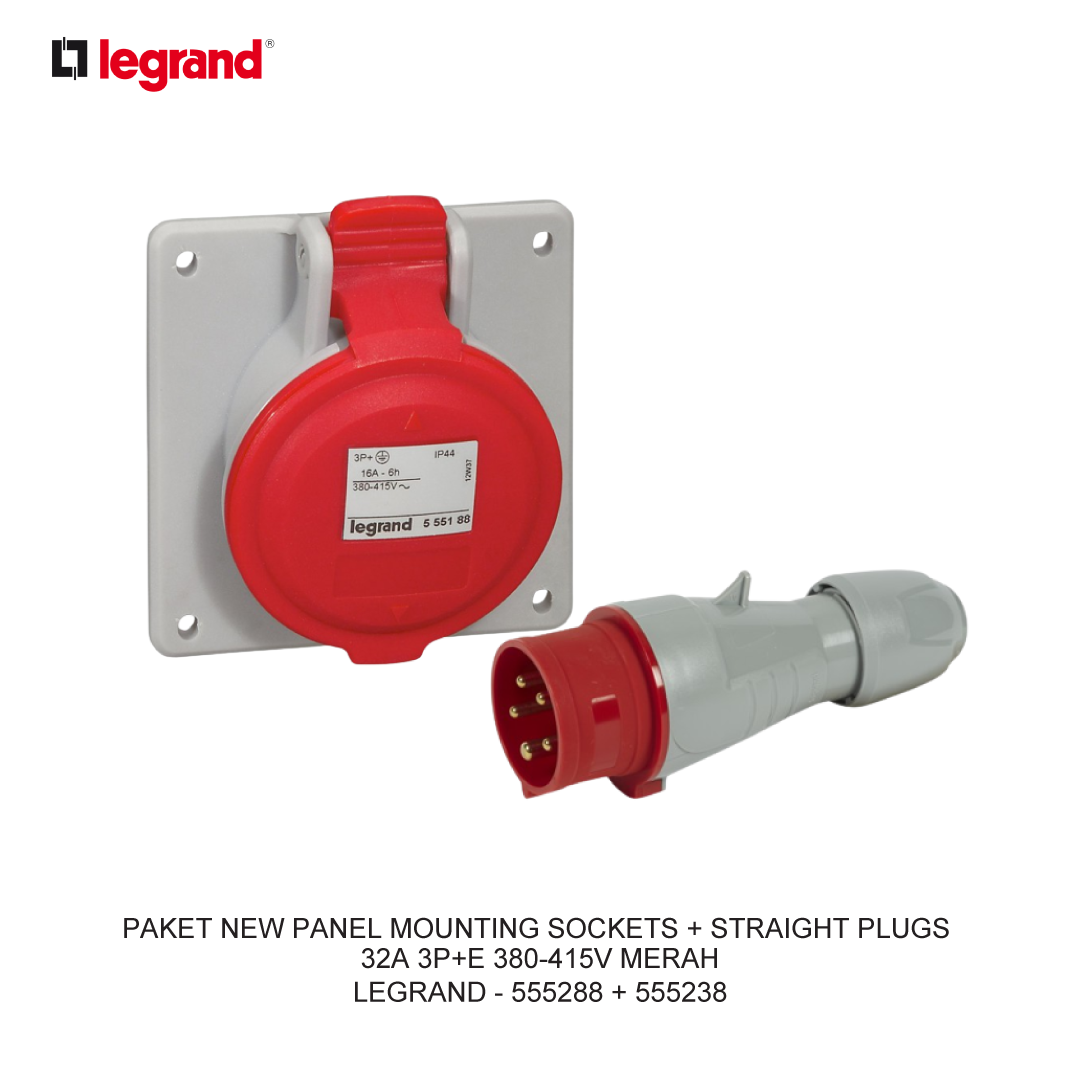 PAKET NEW PANEL MOUNTING SOCKETS + STRAIGHT PLUGS 32A 3P+E 380-415V MERAH