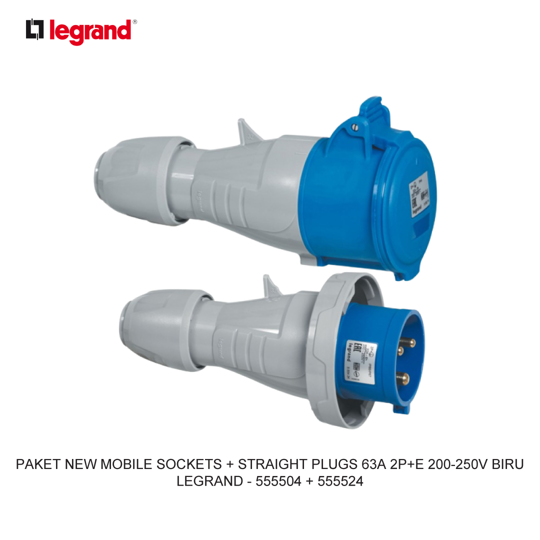 PAKET NEW MOBILE SOCKETS + STRAIGHT PLUGS 63A 2P+E 200-250V BIRU
