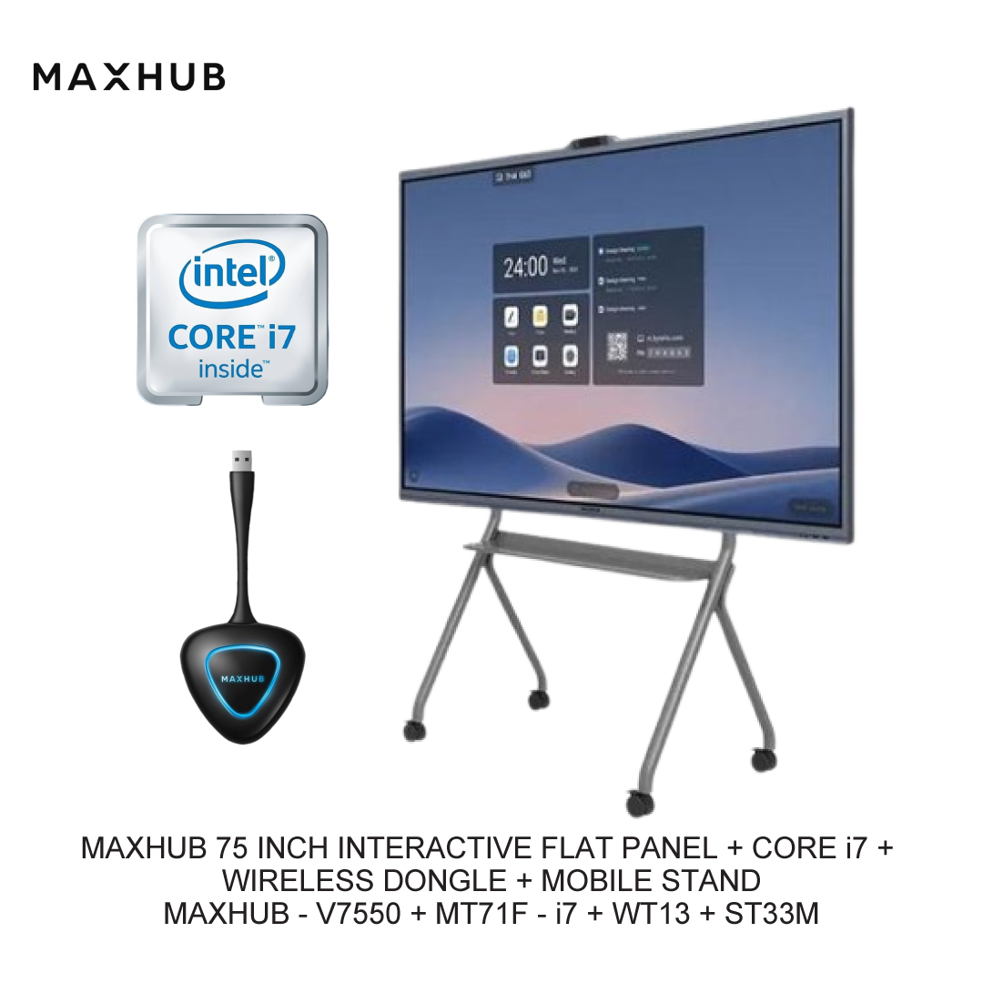 MAXHUB 75 INCH INTERACTIVE FLAT PANEL + CORE i7 + WIRELESS DONGLE + MOBILE STAND
