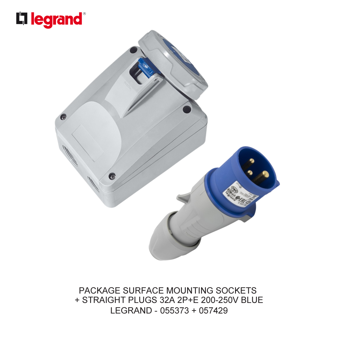 PAKET SURFACE MOUNTING SOCKETS + STRAIGHT PLUGS 32A 2P+E 200-250V BIRU