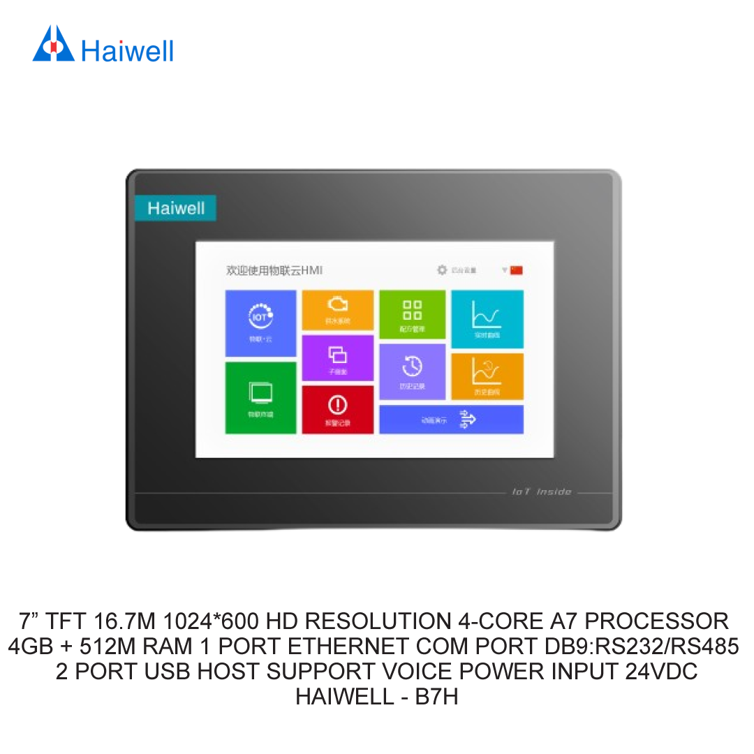 7” TFT 16.7M 1024*600 HD RESOLUTION 4-CORE A7 PROCESSOR 4GB + 512M RAM 1 PORT ETHERNET COM PORT DB9:RS232/RS485 2 PORT USB HOST SUPPORT VOICE POWER INPUT 24VDC