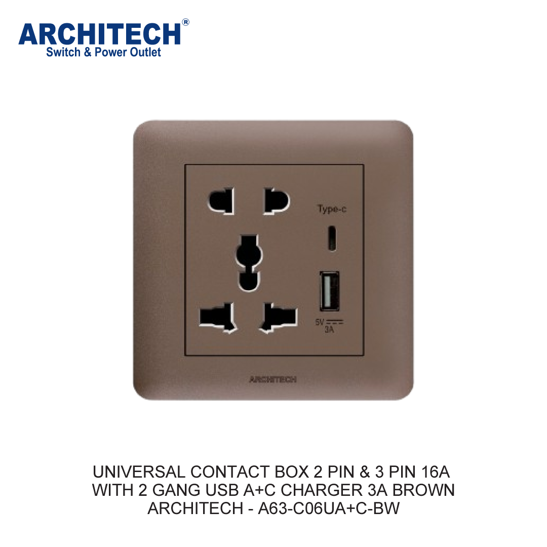 KOTAK KONTAK UNIVERSAL 2 PIN & 3 PIN 16A DENGAN 2 GANG USB A+C CHARGER 3A COKLAT