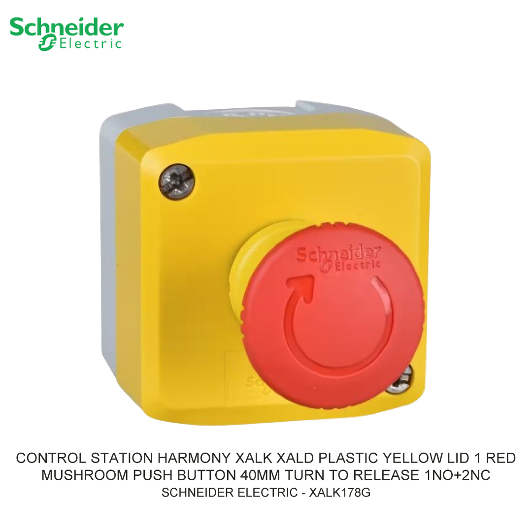 CONTROL STATION HARMONY XALK XALD PLASTIC YELLOW LID 1 RED MUSHROOM PUSH BUTTON 40MM TURN TO RELEASE 1NO+2NC