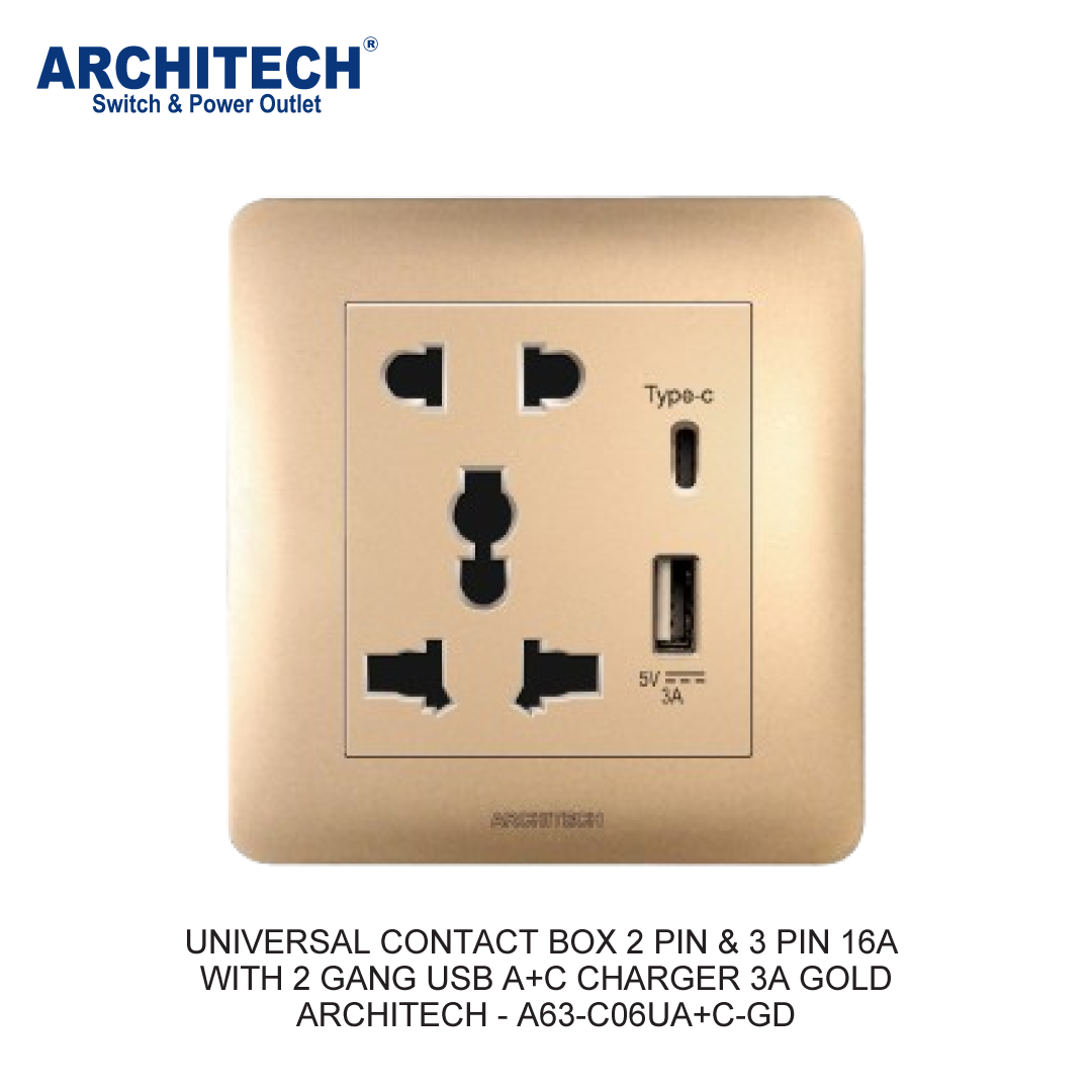 KOTAK KONTAK UNIVERSAL 2 PIN & 3 PIN 16A DENGAN 2 GANG USB A+C CHARGER 3A EMAS