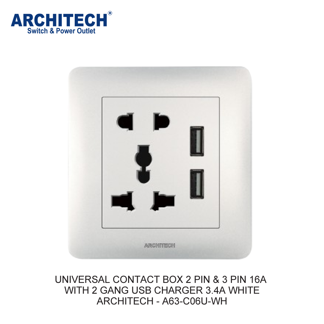 KOTAK KONTAK UNIVERSAL 2 PIN & 3 PIN 16A DENGAN 2 GANG USB CHARGER 3.4A PUTIH
