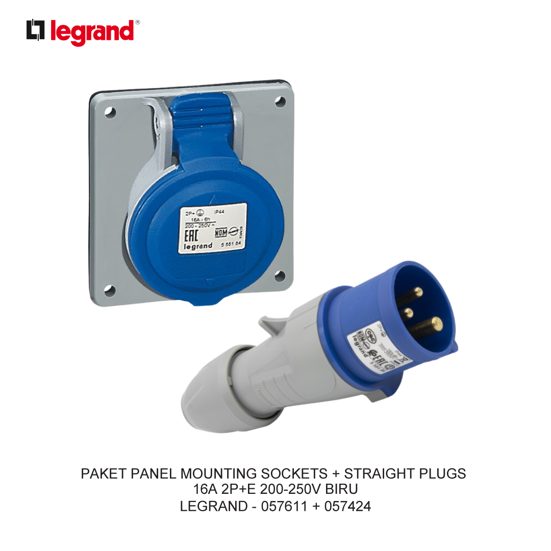 PAKET PANEL MOUNTING SOCKETS + STRAIGHT PLUGS 16A 2P+E 200-250V BIRU