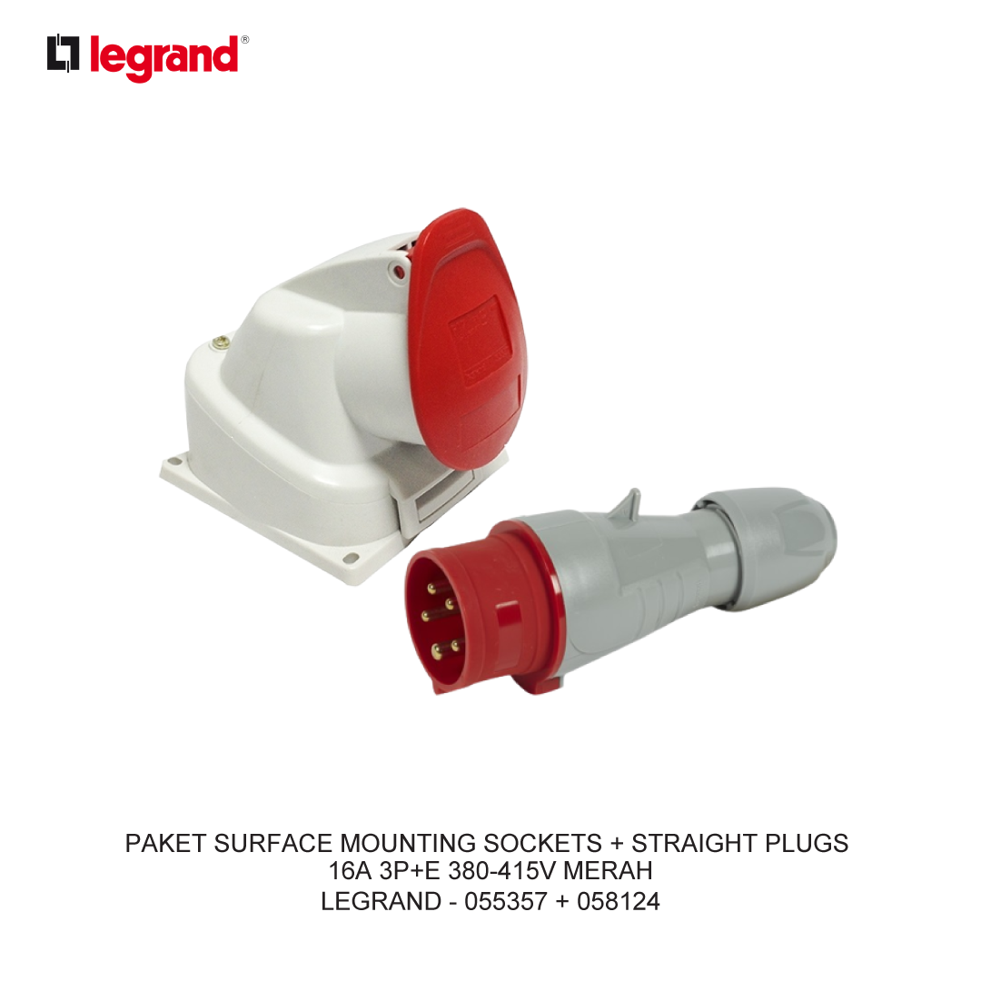 PAKET SURFACE MOUNTING SOCKETS + STRAIGHT PLUGS 16A 3P+E 380-415V MERAH