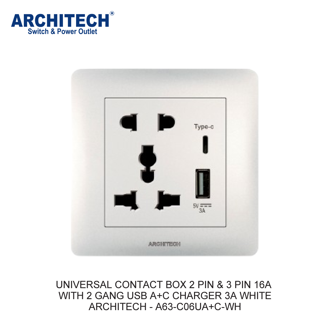 KOTAK KONTAK UNIVERSAL 2 PIN & 3 PIN 16A DENGAN 2 GANG USB A+C CHARGER 3A PUTIH