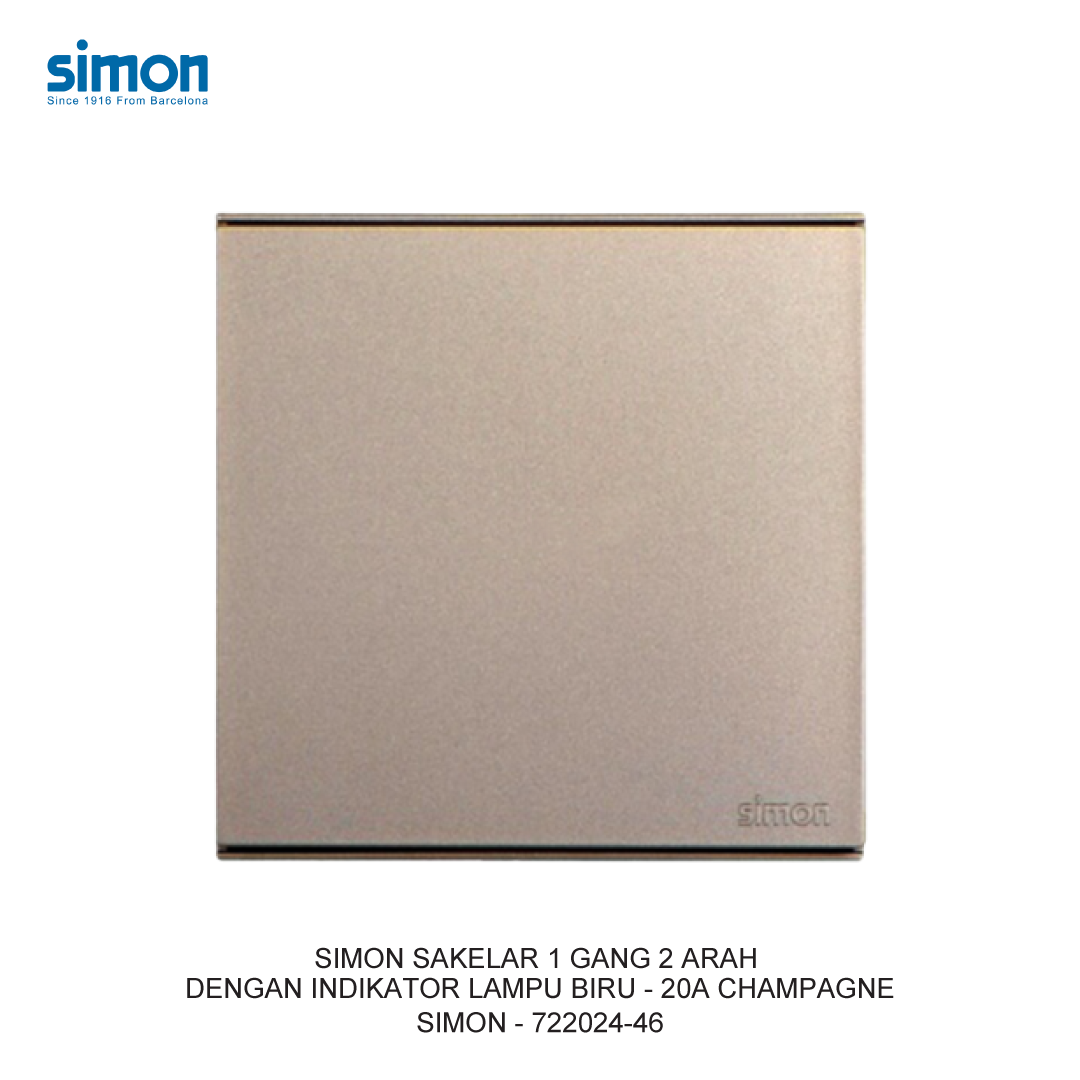 SIMON E6 SAKELAR 1 GANG 2 ARAH DENGAN INDIKATOR LAMPU BIRU - 20A CHAMPAGNE