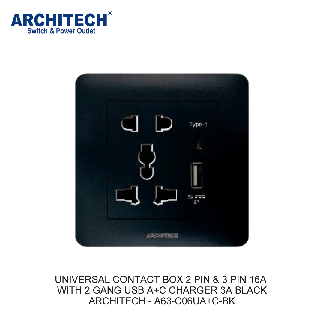KOTAK KONTAK UNIVERSAL 2 PIN & 3 PIN 16A DENGAN 2 GANG USB A+C CHARGER 3A HITAM