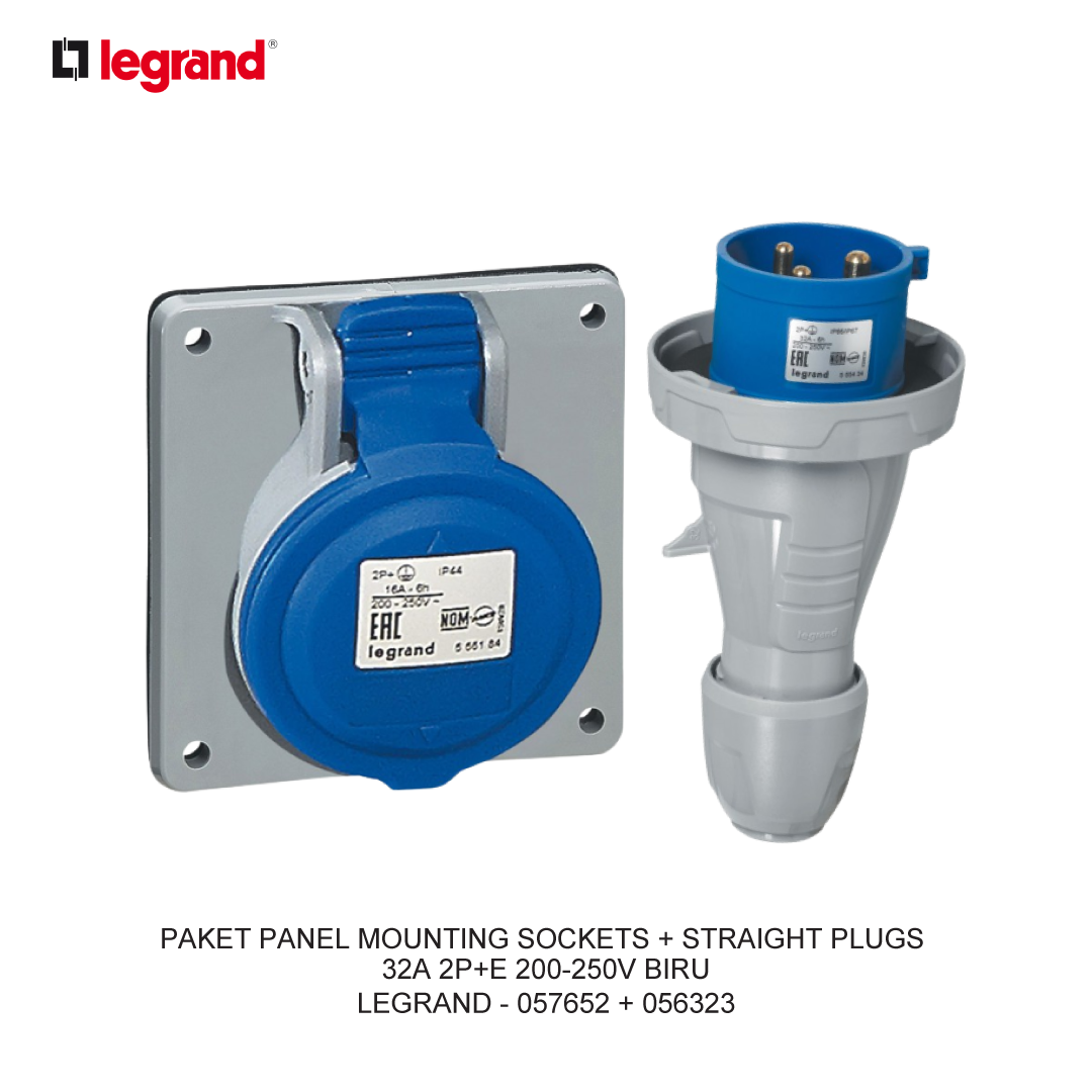 PAKET PANEL MOUNTING SOCKETS + STRAIGHT PLUGS 32A 2P+E 200-250V BIRU