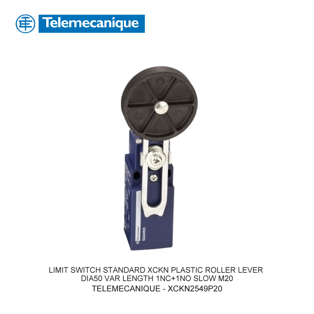 LIMIT SWITCH STANDARD XCKN PLASTIC ROLLER LEVER DIA50 VAR LENGTH 1NC+1NO SLOW M20