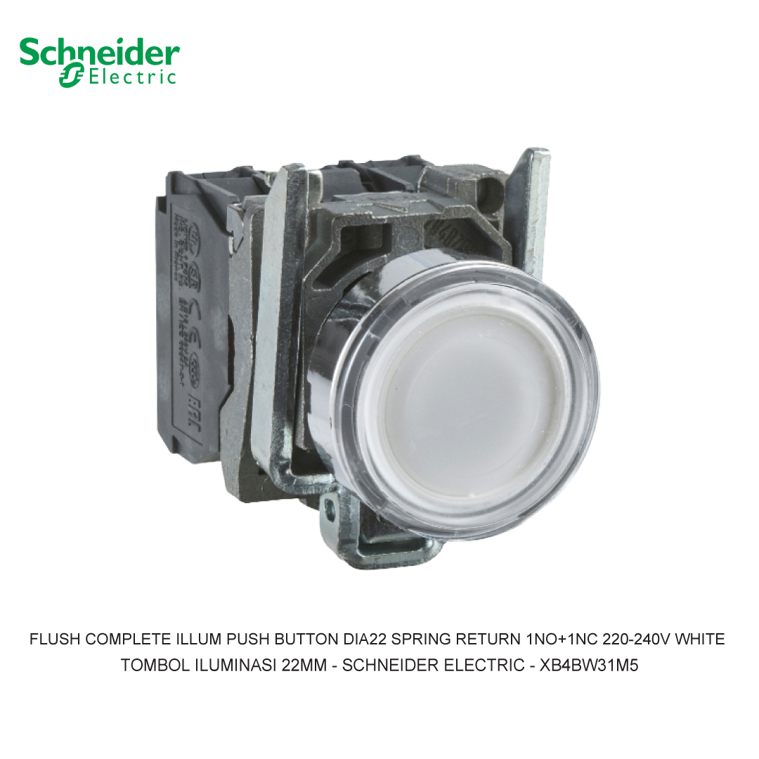 FLUSH COMPLETE ILLUM PUSH BUTTON DIA22 SPRING RETURN 1NO+1NC 220-240V WHITE