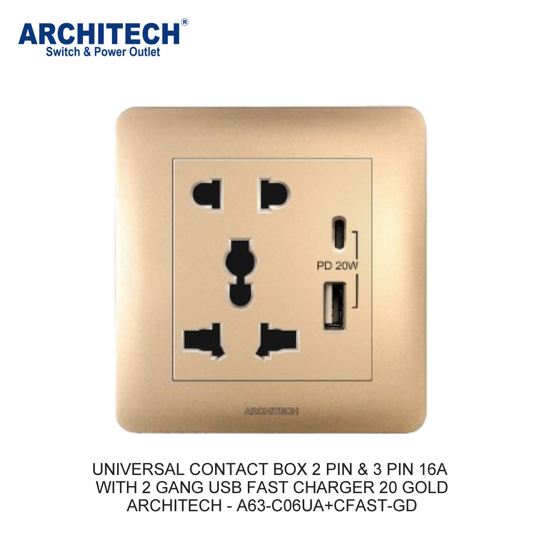 KOTAK KONTAK UNIVERSAL 2 PIN & 3 PIN 16A DENGAN 2 GANG USB FAST CHARGER 20W EMAS