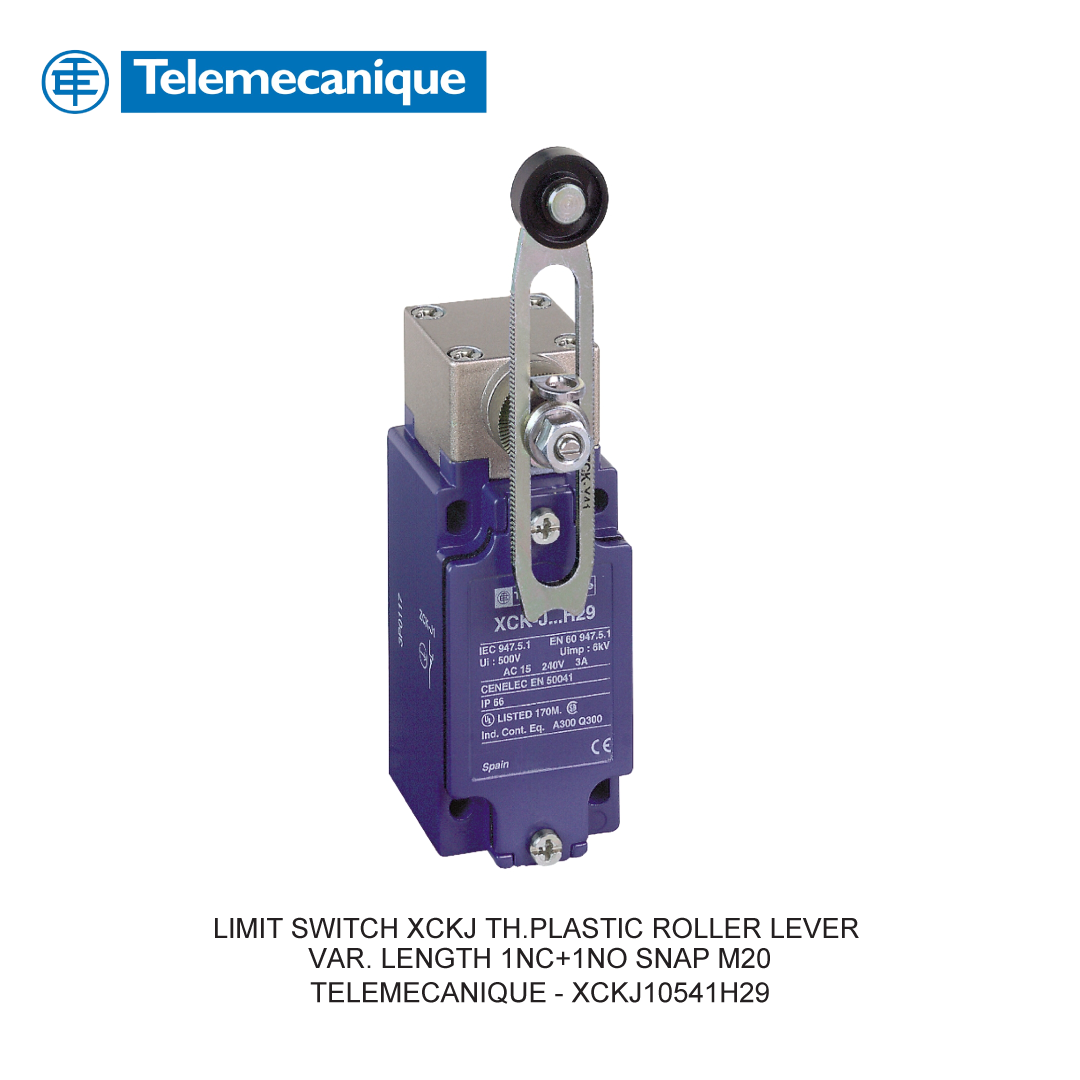 LIMIT SWITCH XCKJ TH.PLASTIC ROLLER LEVER VAR. LENGTH 1NC+1NO SNAP M20