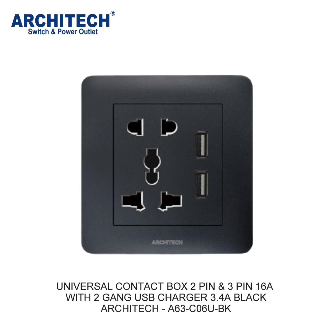 KOTAK KONTAK UNIVERSAL 2 PIN & 3 PIN 16A DENGAN 2 GANG USB CHARGER 3.4A HITAM