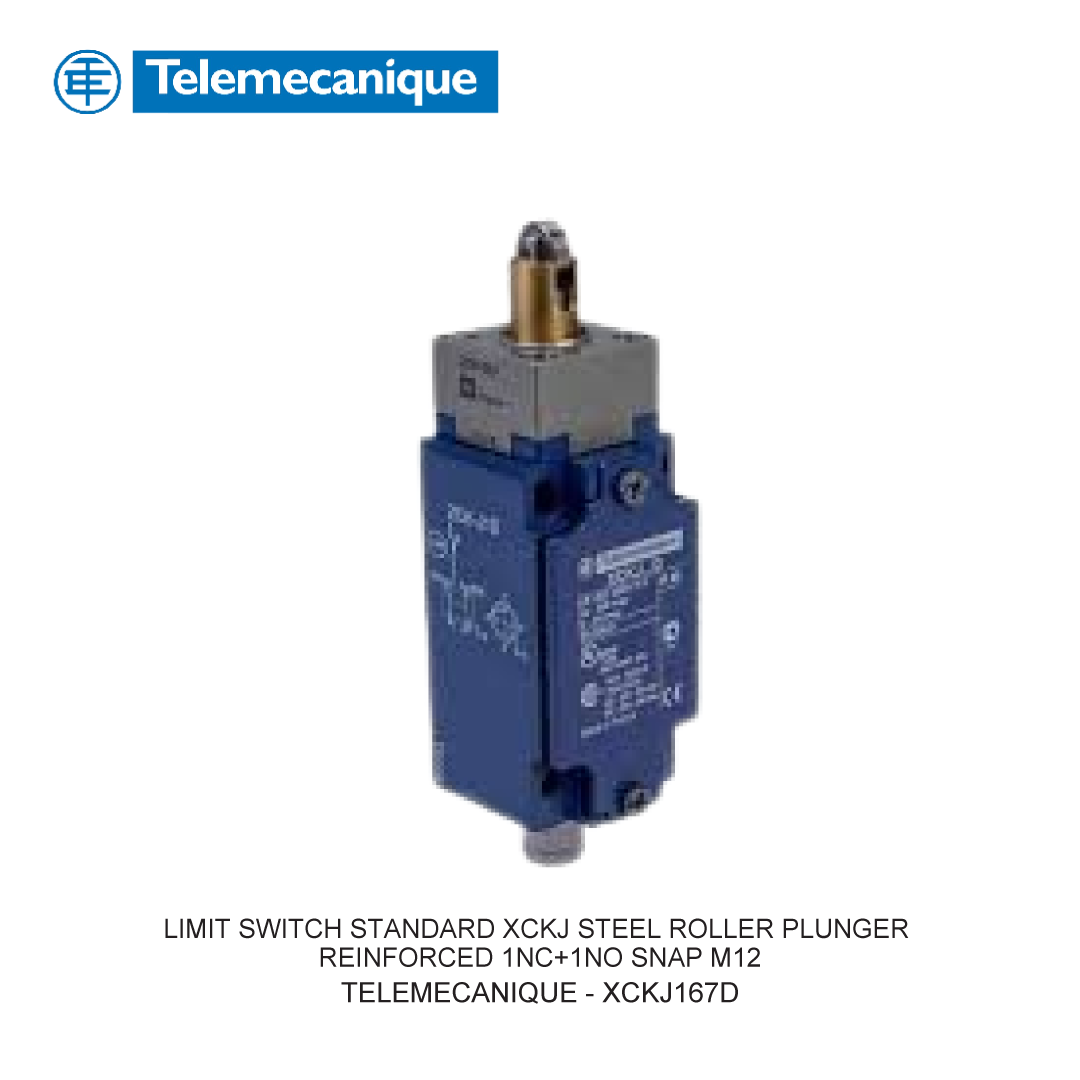 LIMIT SWITCH STANDARD XCKJ STEEL ROLLER PLUNGER REINFORCED 1NC+1NO SNAP M12