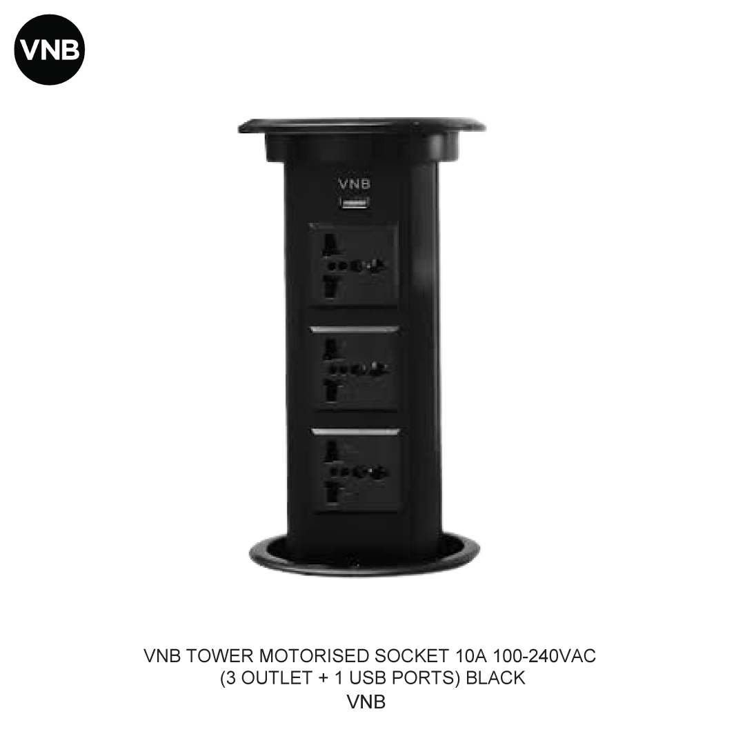 VNB TOWER MOTORISED SOCKET 10A 100-240VAC (3 OUTLET + 1 USB PORTS)