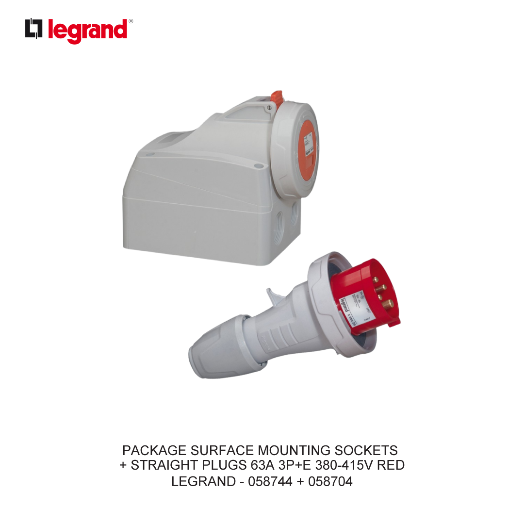 PAKET SURFACE MOUNTING SOCKETS + STRAIGHT PLUGS 63A 3P+E 380-415V MERAH
