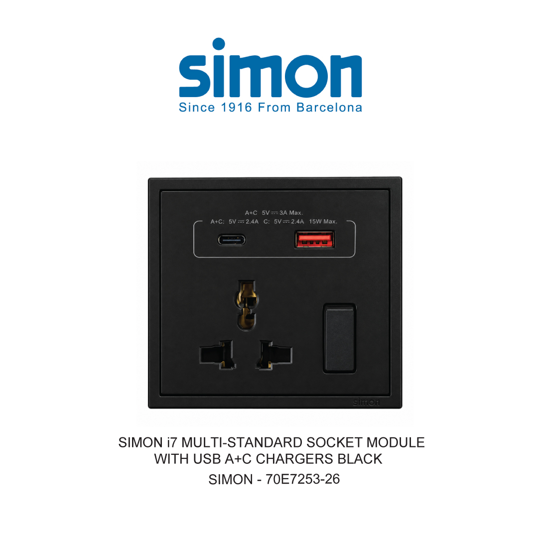 SIMON i7 MULTI-STANDARD SOCKET MODULE DENGAN USB A+C CHARGERS HITAM