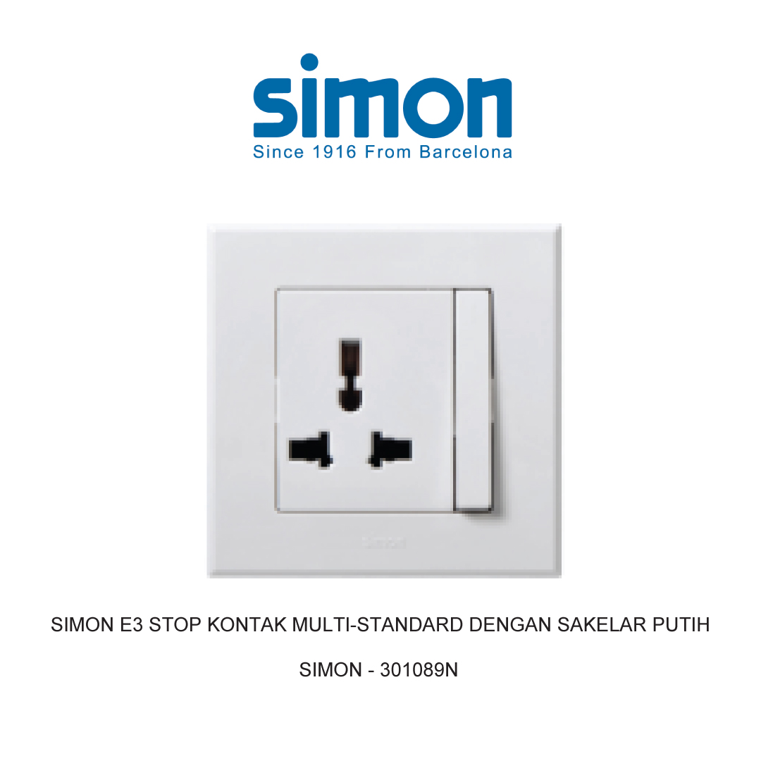SIMON E3 STOP KONTAK MULTI-STANDARD DENGAN SAKELAR PUTIH
