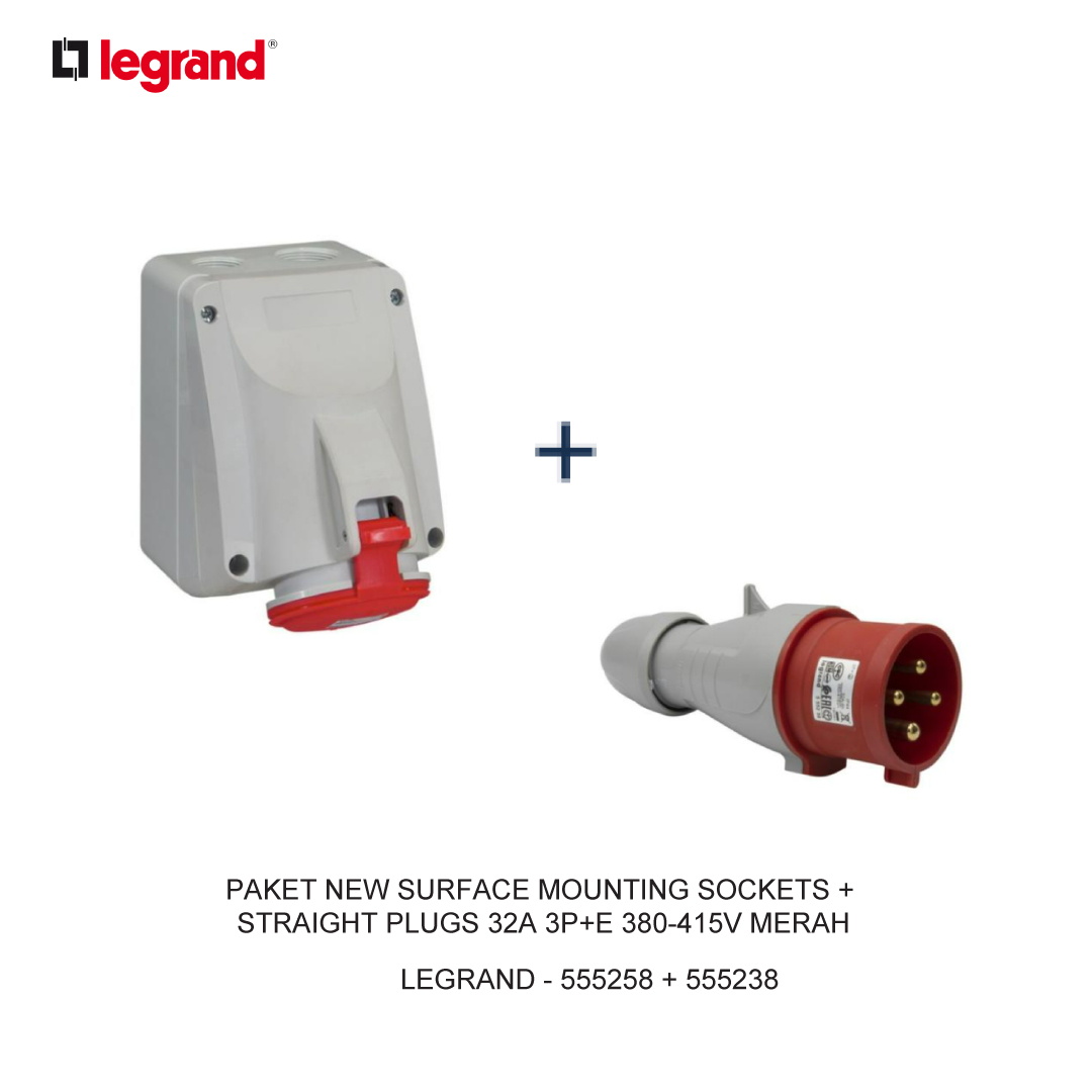 PAKET NEW SURFACE MOUNTING SOCKETS + STRAIGHT PLUGS 32A 3P+E 380-415V MERAH
