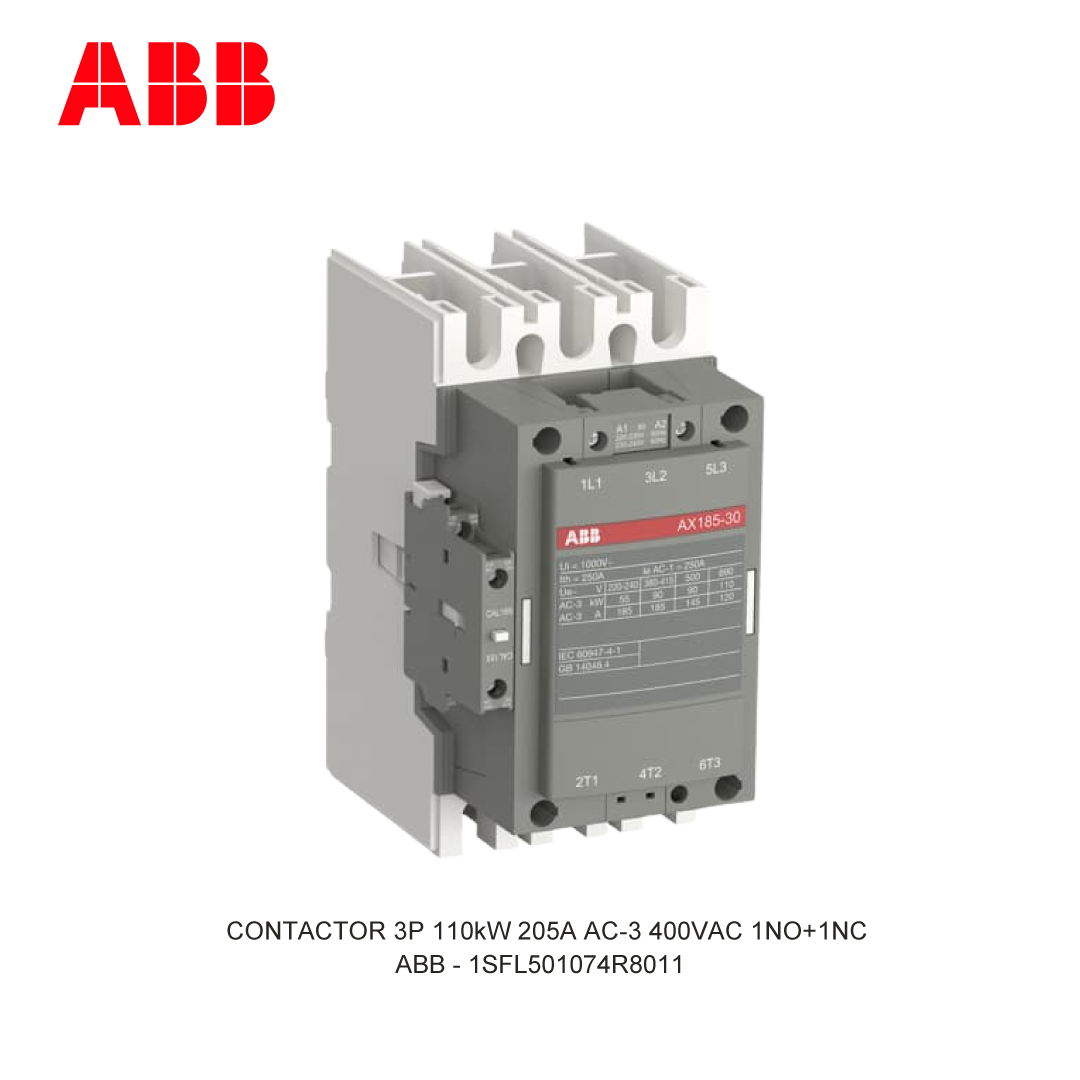 CONTACTOR 3P 110kW 205A AC-3 220-230V COIL 400VAC 1NO+1NC