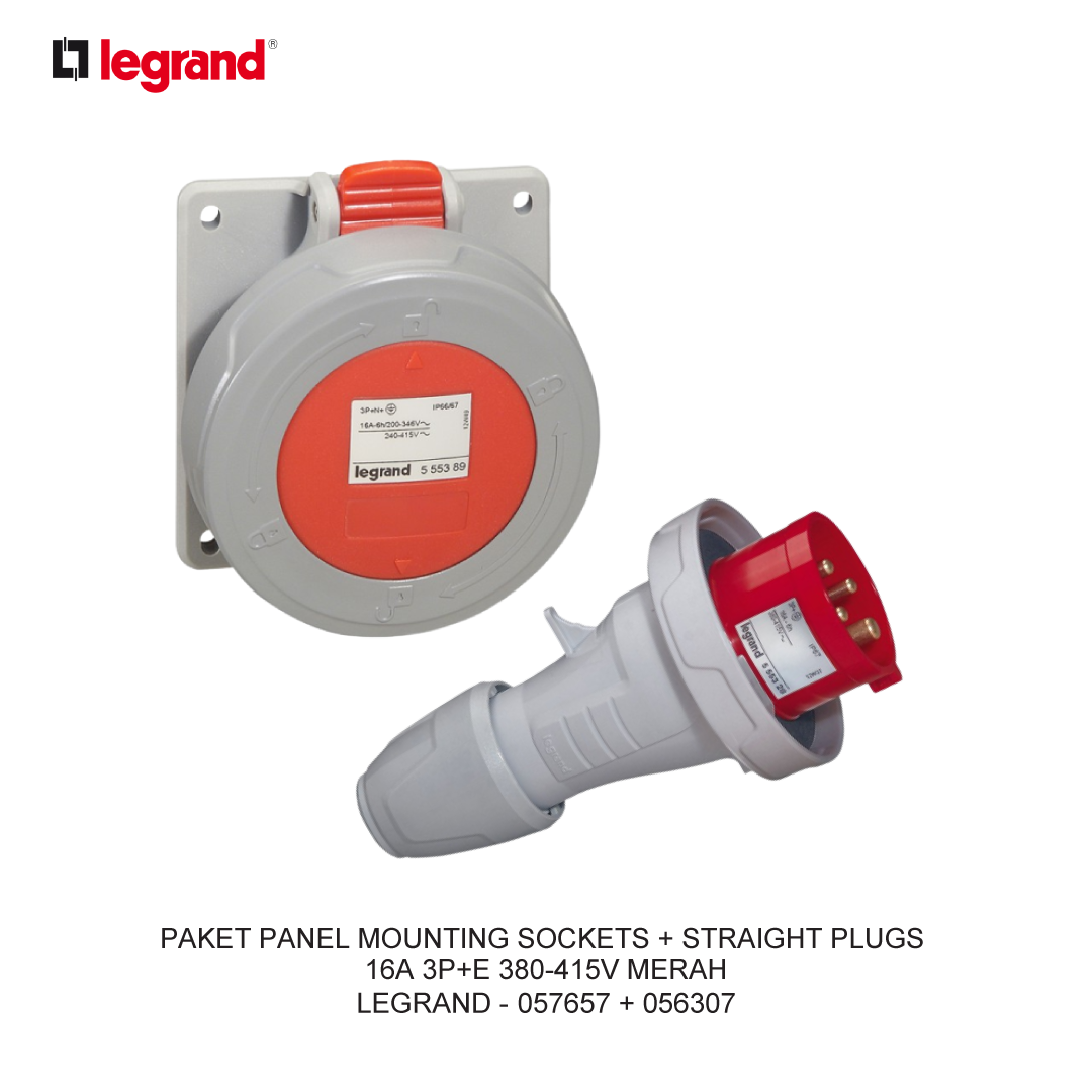 PAKET PANEL MOUNTING SOCKETS + STRAIGHT PLUGS 16A 3P+E 380-415V MERAH