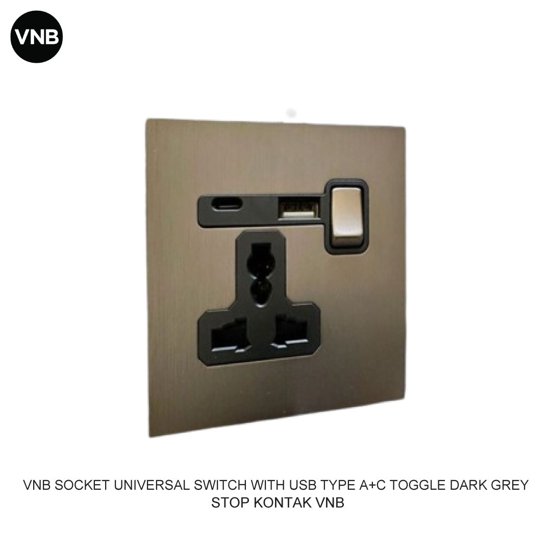 VNB STOP KONTAK UNIVERSAL SWITCH WITH USB TYPE A+C TOGGLE DARK GREY