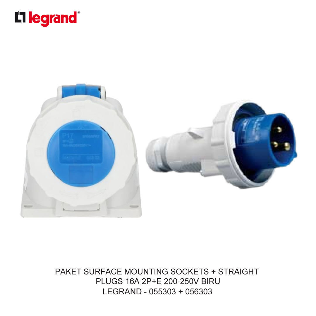 PAKET SURFACE MOUNTING SOCKETS + STRAIGHT PLUGS 16A 2P+E 200-250V BIRU