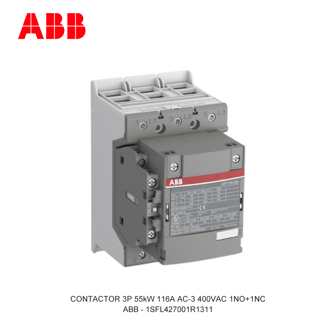 CONTACTOR 3P 55kW 116A AC-3 100-250V AC/DC 400V COIL 1NO+1NC