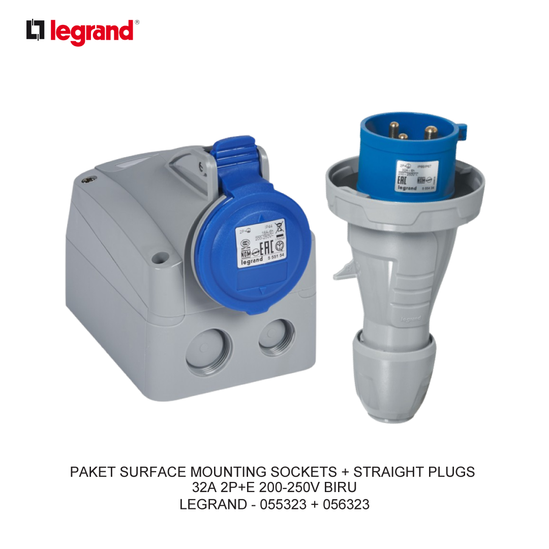 PAKET SURFACE MOUNTING SOCKETS + STRAIGHT PLUGS 32A 2P+E 200-250V BIRU