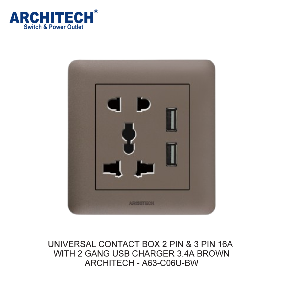 KOTAK KONTAK UNIVERSAL 2 PIN & 3 PIN 16A DENGAN 2 GANG USB CHARGER 3.4A COKLAT